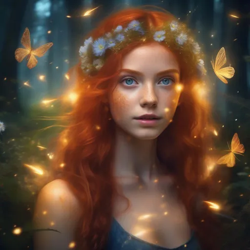 Prompt: girl on 25 with red hair and shining blue eyes, flowers in her hair, perfect anatomy in Magical forest with glittering around, golden dust, fireflies, perfect composition, best quality, best lightning 