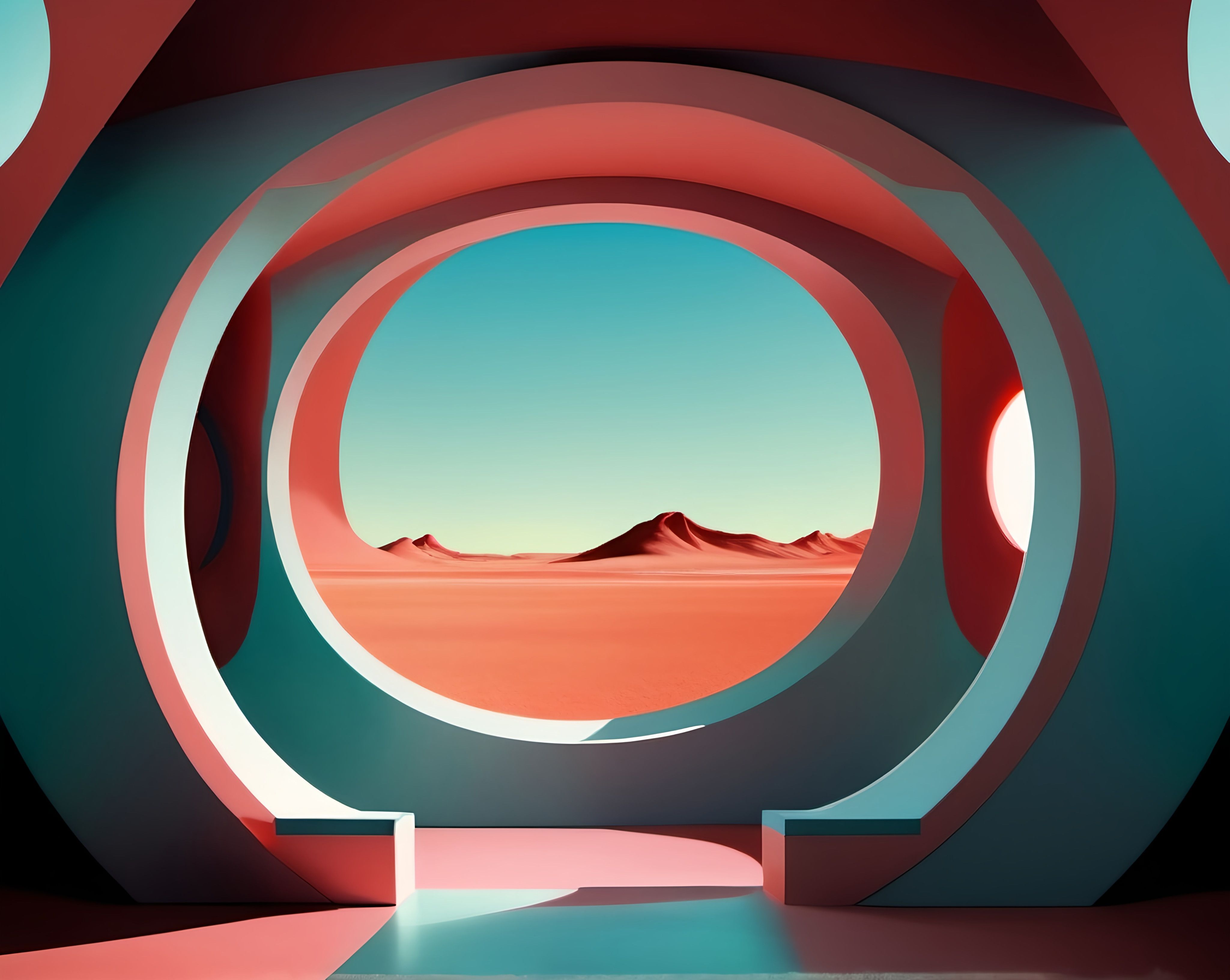 Prompt: a painting of a desert scene with a circular window in the center of the picture and mountains in the distance, retrofuturism, surreal design