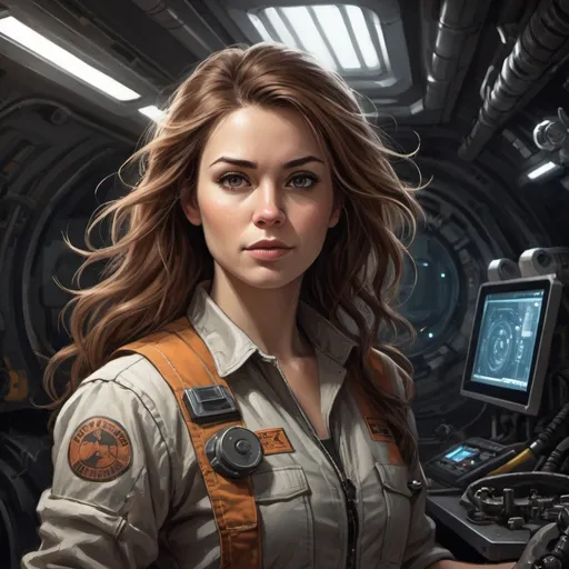 Prompt: Create a realistic-style digital art illustration of a white female character working as a mechanic/techie in a spaceship. The character should have an average build and brown long hair, with a rugged and worn-out appearance. The drawing should be from the waist up, showcasing the character's torso. The color palette should consist of dark and gritty tones, and the lighting should be dim and moody with atmospheric effects. Please include some futuristic machinery or equipment in the background, and depict the character with a determined and focused expression.