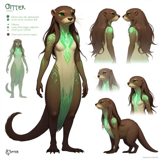 Prompt: (character design sheet) "A young, female humanoid sable person-like creature standing upright with vibrant, green and brown ethereal fur that glows faintly with mystical energy. Long hair that touches the floor. Large confident heroic magical eyes, and a face that combines otter-like features with subtle human-like expressiveness. Intricate mystical markings pulse with soft light on its fur."