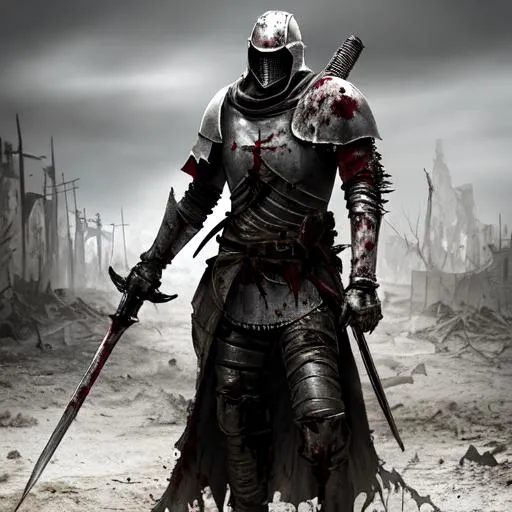 Prompt: full body knight Templar, post apocalyptic battlefield, dirty, blood stained, weary, uhd, 4k, hyper realistic, 