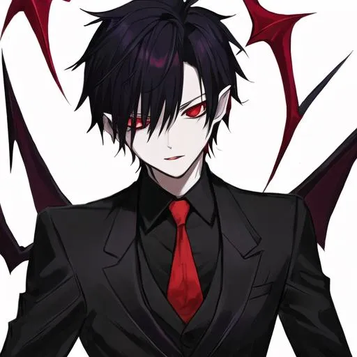 Prompt: Damien  (male, short black hair, red eyes) demon form

