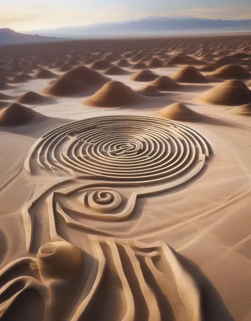 Prompt: A stunning minimalist land art image of a spiraling rock labyrinth outline in the desert, shot from above with the winding path leading toward the towering mountains. 