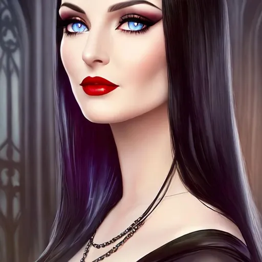 Prompt: Morticia Addams, gothic looking, black hair, pale blue eyes