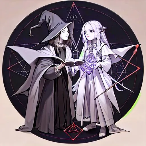 Prompt: a wizard wearing ritual garments and holding a wand and spell book standing in front of a pentagram with a cute witch girl aiding him in his ritual very detailed realistic faces and bodies detailed realistic facial features