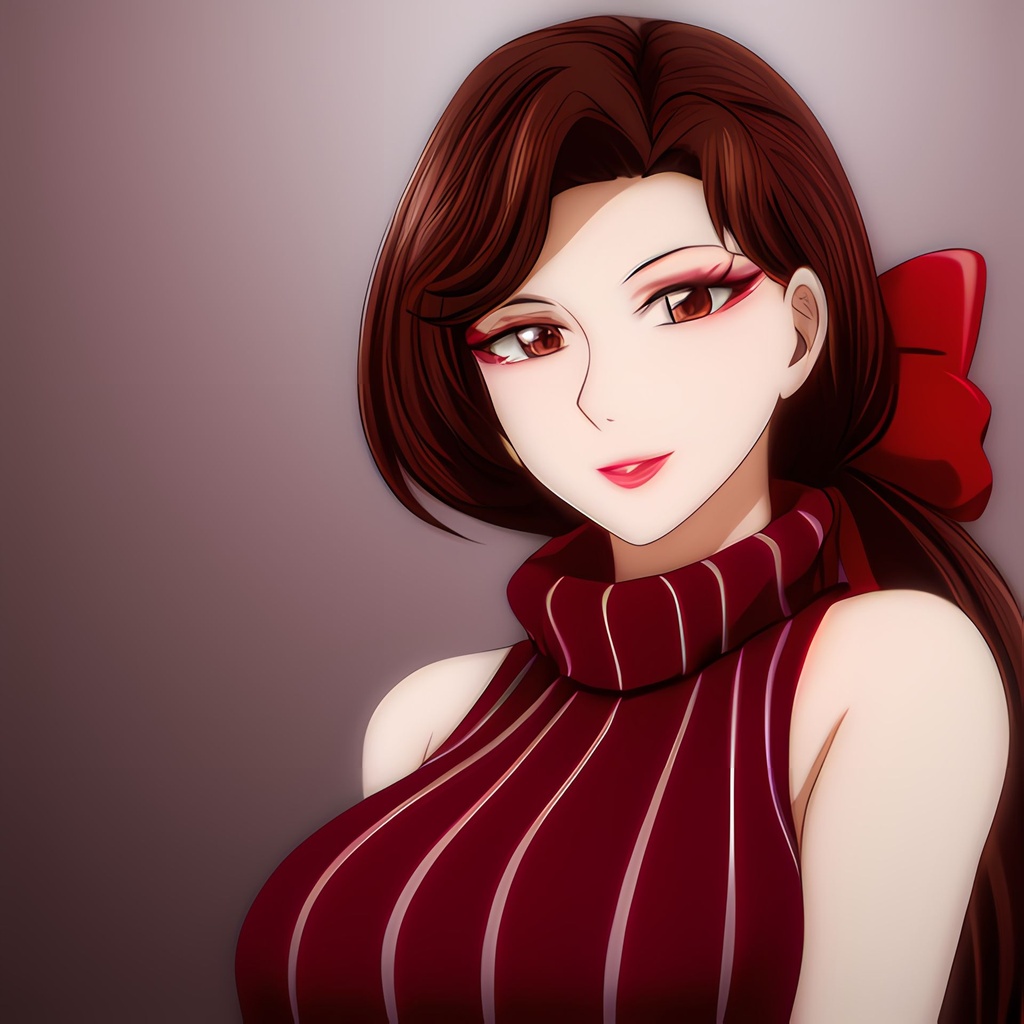 Prompt: ((best quality)), ((illustration)), ((masterpiece)), unreal engine, 3D, artstation, high quality, highres, absurdres, 1girl, solo, red around eyes, light smile, lips, bare shoulders, turtleneck, red pullover, defined face, shaded face, long hair, brown hair, wavy hair, low ponytail, red ribbon, blush, makeup, brown hair, brown eyes, mole, mole under eye, lipstick, looking at viewer, short hair, eyeshadow, <lora:TangYue:1>, upper body, portrait, arms up