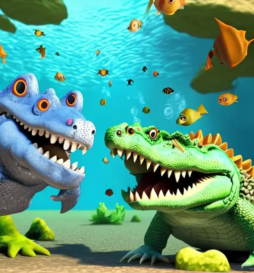 Prompt: 3d cartoon fish vs crocodile underwater 
