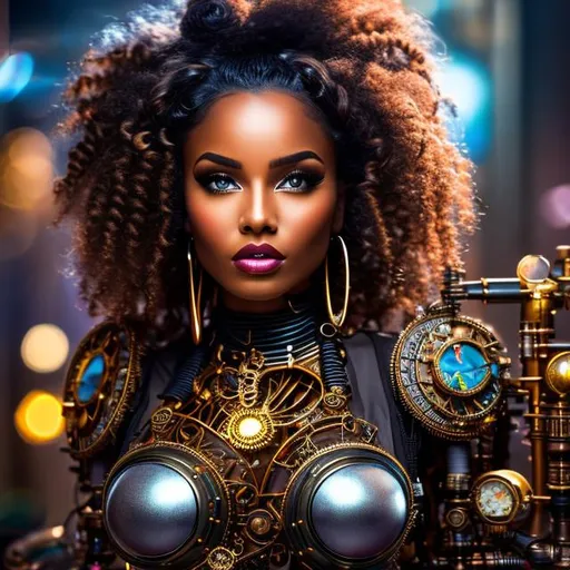 Prompt: Please produce a photograph of a steampunk beautiful black female, cocoa brown skin with dreadlocks working on robot, with fantasy colors, flashy lights, daylight background, high quality, trending art, trending on artstation, sharp focus, studio photo, intricate details, highly detailed, UHD, HDR, 8K, ((Masterpiece))