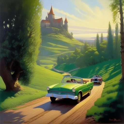 Prompt: Shrek, car chase, green atmosphere, extremely detailed painting by Greg Rutkowski and by Henry Justice Ford and by Steve Henderson