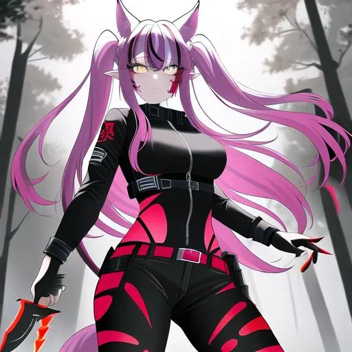 Prompt: Haley  as a demon (multi-color hair) (multi-color eyes)(she has horse ears), in a gunfight, bullets flying, in the woods, fighting with a knife, combat attire