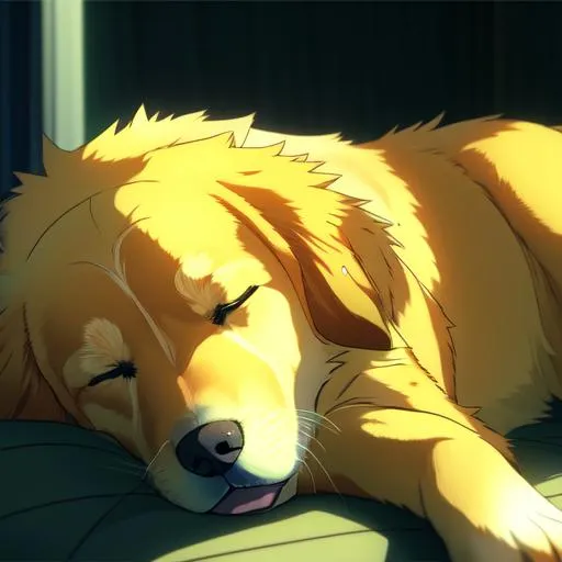 Prompt: Makoto shinkai anime style, vivid colours, HDR, golden retriever, sleeping,