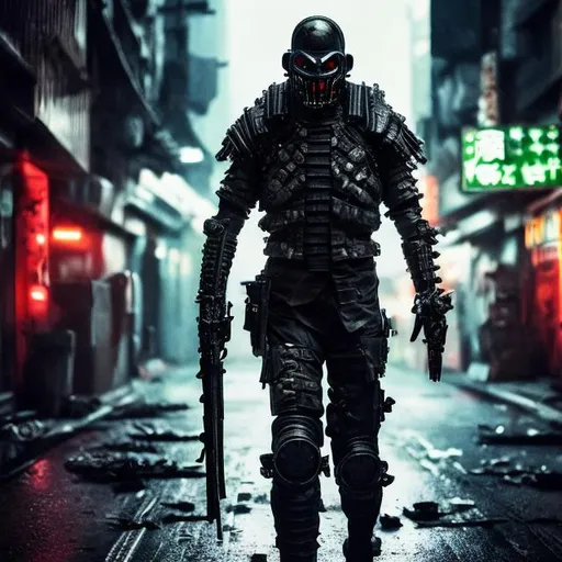 Prompt: Villain. military armour with black and NEON trim. Slow exposure. Detailed. Male mouth mask only. Dirty. Dark and gritty. Post-apocalyptic Neo Tokyo. Futuristic. Shadows. Sinister. Brutal. Intimidating. Evil. Bionic enhancements. Fanatic. Intense. Hard rain. Wet