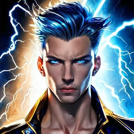 Prompt: Splash Art, Portrait of a man(Male Model) with a serious expression , Emerging out of Golden electric lightning, blue eyes. Deep blue background. 