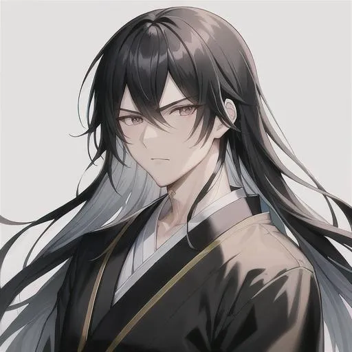 Prompt: male, anime_style, portrait, (masterpiece, illustration, best quality:1.2) {{{extremely detailed}}}, {{dark and moody}}, UHD, 8K sharp focus, silver eyes, long black hair, splash art, pixiv, wearing a kimono