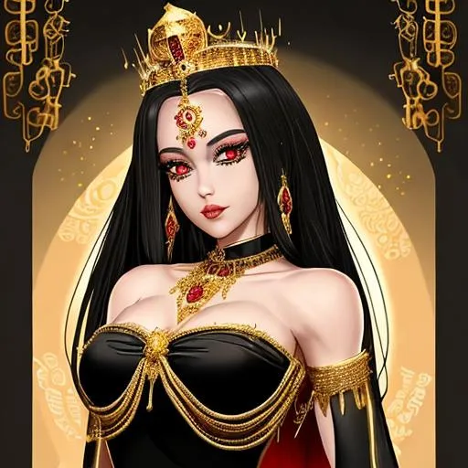 Prompt: A very realistic female body, with a crown of gold on her head and some jewels placed very accurately, in a black dress decorated with threads of gold. She has sparkling red eyes and two lines of gold smeared under her red eyes with great precision. Her perfect face is free from any mistakes. She wears a very beautiful silk dress decorated with lines of warm colors with indescribable precision, white skin, extremely high detail.