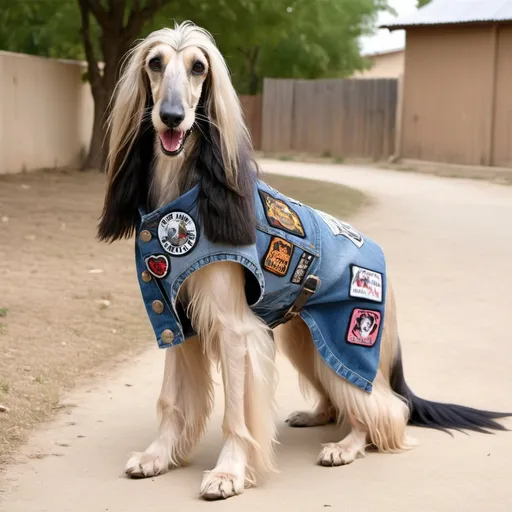 Prompt: Afghan hound wearing a heavy metal music denim vest with patches