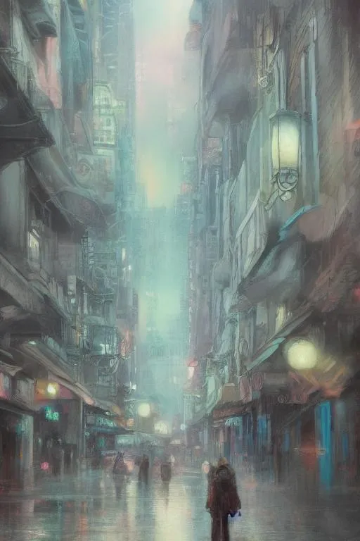 Prompt: city, mysterious, intricate, gentle pastel colors, artwork, oil painting, fine clear strokes, texture, art, artstation, high detail
