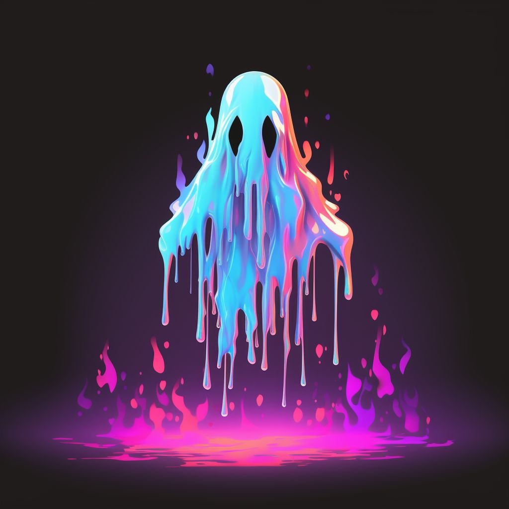 Prompt: image of a ghost, in front of colorful flames, in the style of dripping paint, luminous 3d objects, detailed character design, matte background, haunting structures, dark white and light magenta, light cyan and light ambe