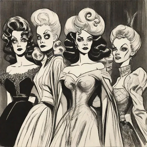 Prompt: a close up of a drawing of a group of women in costumes, godesses, wicked, vintage horror art, the council of spooky bitches, elegant horror artwork, vintage horror, disney art, by Richard Mortensen, film art of character design, art in the style of disney, 1 9 5 0 s concept art ) ) ), tim burton comic book art