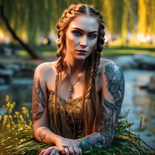 Prompt: highly detailed beautiful 30 year old woman sitting under a willow tree beside a river, eye makeup, long braided, red hair, and green eyes, thick eyebrows, soft makeup, soft lighting, golden ratio, rule of thirds, heavily tattooed, 24mm, Creative Bokeh, Medium Wide Shot, 3d ray tracing, daytime background, golden hour, direct backlighting, rim lighting, outdoor lighting, subsurface scattering unreal engine 5, octane render, trending on artstation, deviantart, brown tones, 8k, cute freckles, seductive, fashionable,