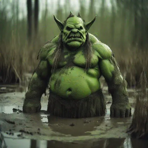 Prompt: Tall green ogre in a swamp filled with mud