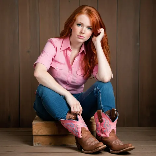 Prompt: A very beautiful red head sitting. She is wearing a pink shirt, blue jeans and cowboy boots. Her boots are pink too.