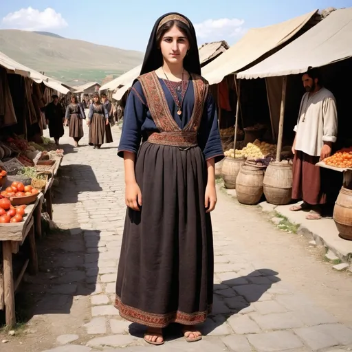 Prompt: A mountain village market in the classical Kingdom of Armenia about  50 BCE. There is a full length 18 year old Armenian girl dressed in Armenian clothing. She has black Armenian hair, brown eyes, a small nose.