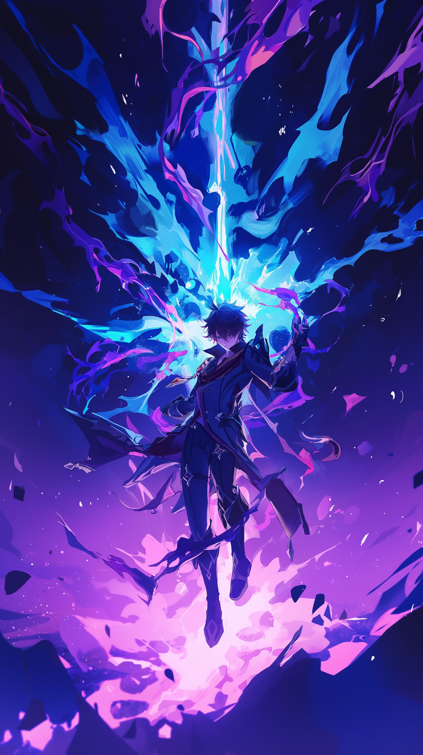 Prompt: Tartaglia lifting his legs up to his chest in a jump, the background is a dark system of twisted glowing purple roots, he is holding his blue water blades high in the air like he is about to attack, dramatic pose, --ar 9:16 --niji 6