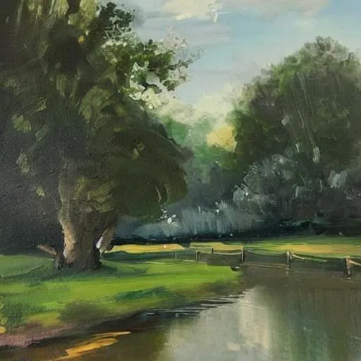 Prompt: Please create a neutral acrylic type painting in a more soft classic style of the pastoral countryside. Please only include the painting itself.