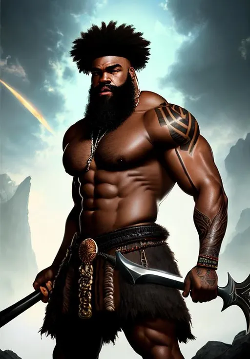 Prompt: UHD, , 8k, high quality, poster art, (( Aleksi Briclot art style)), Kimbo Slice, hyper realism, Very detailed, full body, muscular, view of a young man, no shirt, beard, Barbarian, tribal tattoo, black hair, dark eyes, giant battle axe, brown skin. black leather armor, mythical, ultra high resolution, light and shading in 8k, ultra defined. 