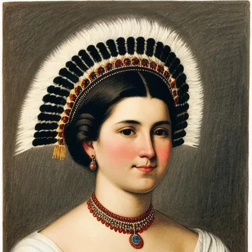 Prompt: A drawing of a young woman in a headdress