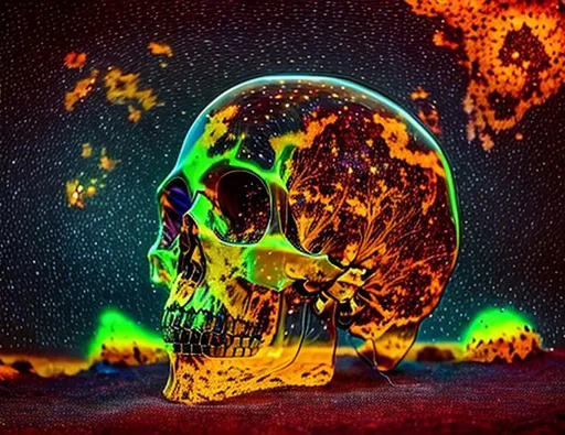 Prompt: Amber skull transparent filled with Mycelium
Galaxies
Nebula
Stars
Desert
Alien
Glowing
Psychedelic
Photographic