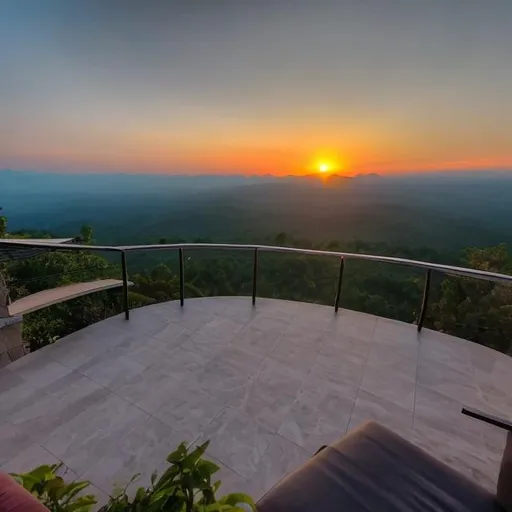 Prompt: a sunset view from top of the mountain with a beautiful home
