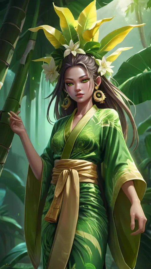 Prompt: Nang Tani, female Thai banana tree spirit, wearing green Thai robe, hair decorated with bananatree leaves and bananablossoms, 
green glowing eyes, beautiful, mystical atmosphere, RPG-fantasy, intense, detailed, game-rpg style, bright lighting, fantasy, detailed character design, 
atmospheric, otherwordly ambiance