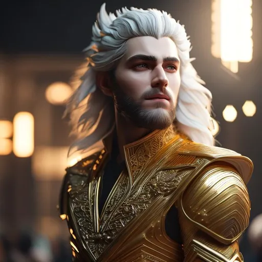 Prompt: ((best quality)), ((masterpiece)), ((realistic)), (detailed) octane render, trending on artstation,illustration photographic, digital painting, attractive, 1wolfman,king,white hair,masterpiece face,gold inspired dress,full body,8K quality