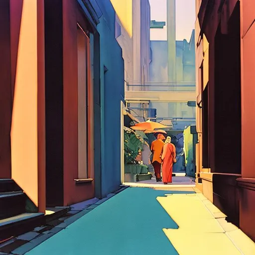 Prompt: an alleyway in the future, painting by Syd Mead and Edward Hopper vibrant brilliant colors 
flat watercolor overlapping transparent layers