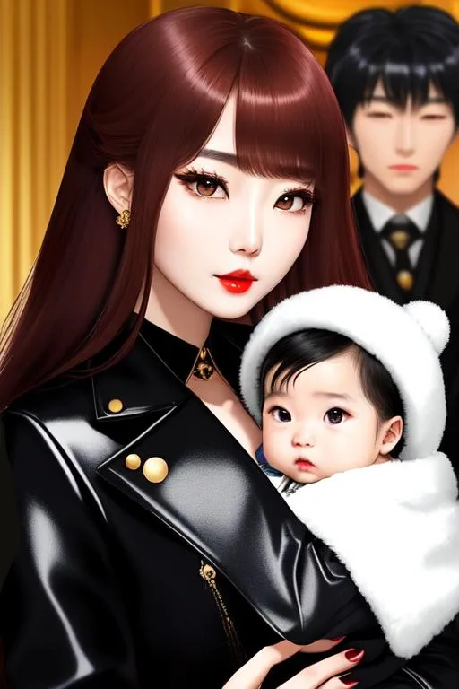 Prompt: beautiful Korean girl, Age=22, wearing only a gold black coat, blue long hairs in, dreamy and ethereal, rough Mafia Boss with the gang in  the background, fantasy, tough, ((holding a cute black baby girl,)) with bright red gloss lips, rosy cheeks, red lips, auburn brown hair,   soft skin, soft lighting, nice eyes, perfect body, coloured hair, symmetrical, full body, hyperrealistic, super careful, tulip warrior, wearing soft, in your hand, highly detailed, digital