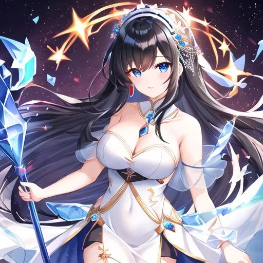 Prompt: goddess, female with medium-long black hair with a red ombre at the end, blue eyes, pure white dress with blue accents, holding a crystal staff