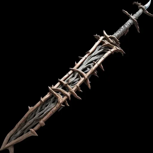 Prompt: A massive, cursed greatsword, made entirely out of twisting branches of dark, rotten wood