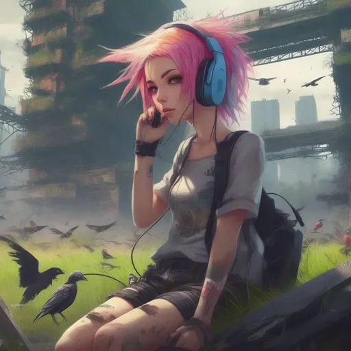 Prompt: Masterpiece, 4k, Punk Girl with Multicolored Hair, Headphones, Anime, Dystopia, Cityscape, Ruins, Post-Apocalyptic, Forest, Grass, Birds