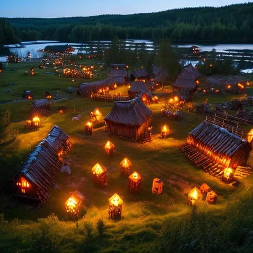 Prompt: Viking settlement in North America.  Beautiful forest with wooden cabins and lanterns. Hyper realistic painting, 64k.