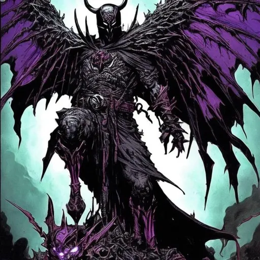 Prompt: Spawn inspired god of men. Dark Teal and purple. Very Dark gritty detailed imperfect. Crow villain. Heist. Evil eyes. Injured. Bloody. Brutal. Evil