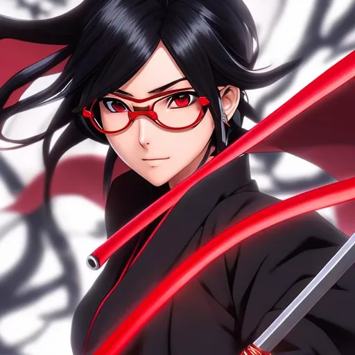 Prompt: sarada uchiha, uchiha, ninja, anime, red glasses, red kimono, good proportions, pretty, red eyes, sharingan, sarada uchiha, masashi kishimoto style, black hair with fringe, wielding katana, battle stance