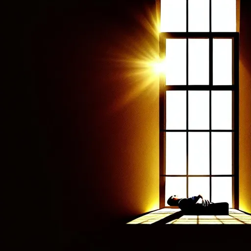 Prompt: man dying next to a window seeing heaven through the window waiting patiently to pass by while his body is diminishing and rotting his soul is bright and vibrant and uplifting from his body a beam of light his soul