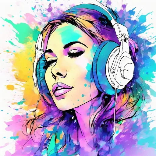 Prompt: Create a picture of a beautiful woman, close up of her face, soft feminine features, she is wearing headphones, you can see music exploding around her in the form of water colors, covering the page in different shades of blue and purple