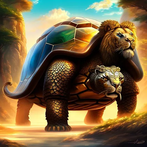 Prompt: a gargantuan turtle, with a gemstone shell, has a lion's head, tusks emerging from upper lips, RPG art, Anime art, 2D art, 2D, majestic