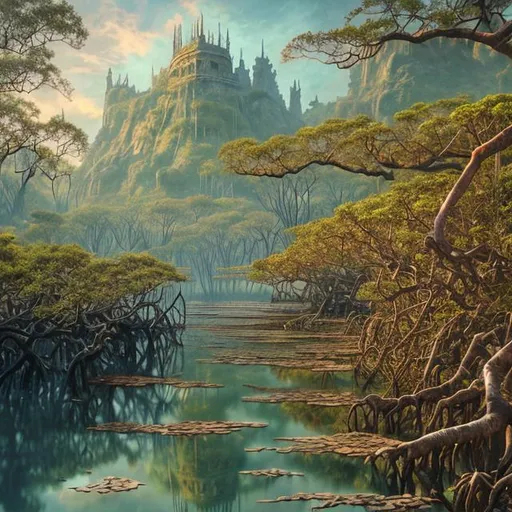 Prompt: Landscape painting, mangrove, ancient, sunken city, dull colors, danger, fantasy art, by Hiro Isono, by Luigi Spano, by John Stephens