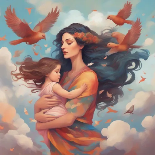 Prompt: A colourful and beautiful Persephone, with her hair being brunette and made out of clouds, lovingly cradling her daughter with birds in flight around her in a painted style