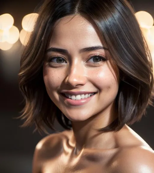 Prompt: 64K UHD HDR Hyper-Realistic Detailed Sniper-Shot of Smiling Alita. Thick Silky Bob-Styled Hair with Choppy Layers Framing Her Strikingly Beautiful Young Face Perfectly. Bright Brown Almond-Shaped Eyes. Candlelight Accentuating her Sensual Beauty. Kawaii. Smooth Flawless Skin. Octane Render by WETA Digital