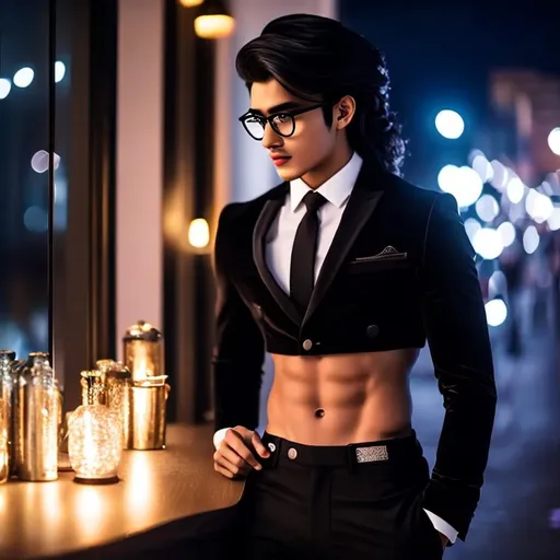 20years old extremely long hair man with glasses and a six pack abs wearing a crop top black suit a